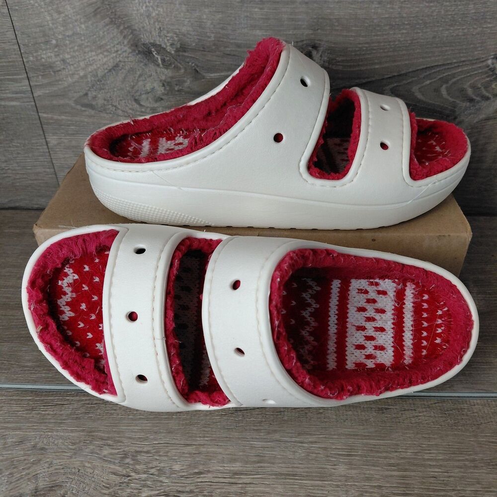 Crocs Sandals Womens 9 White Cozy Holiday Christmas Sweater Slipper Slides Shoes